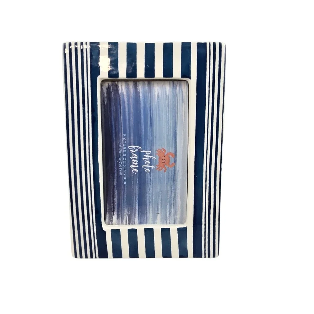 Coastal Blue & White Striped Ceramic Photo Frame for 5x3